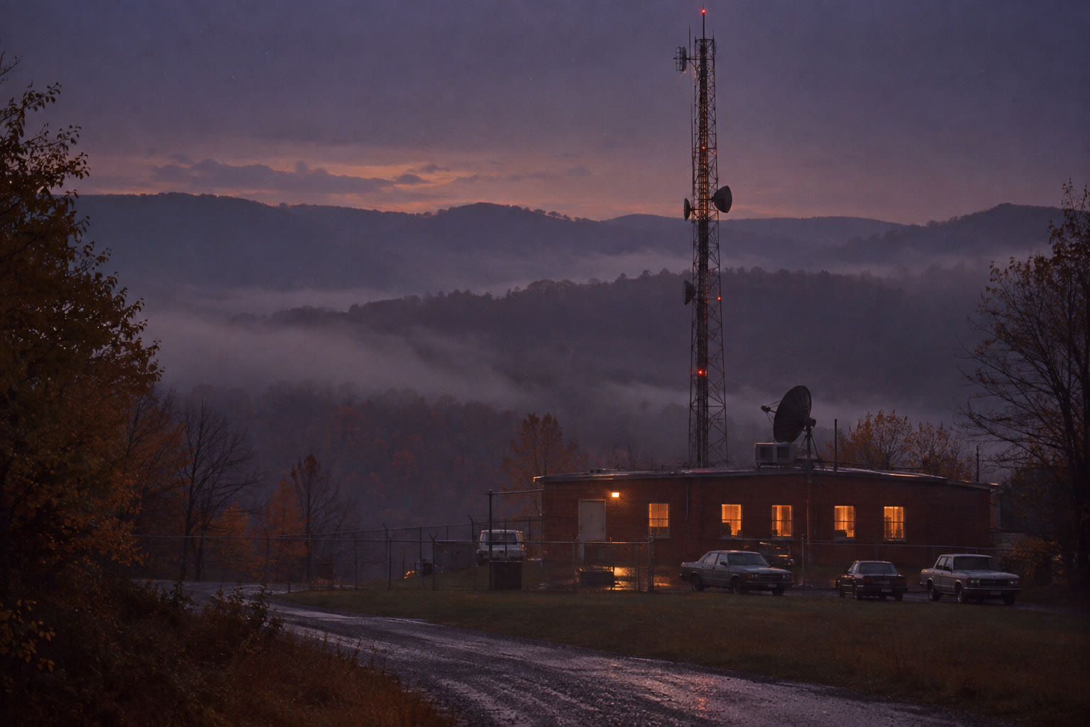 WBRG’s low brick station and transmitter tower on the edge of Blackridge